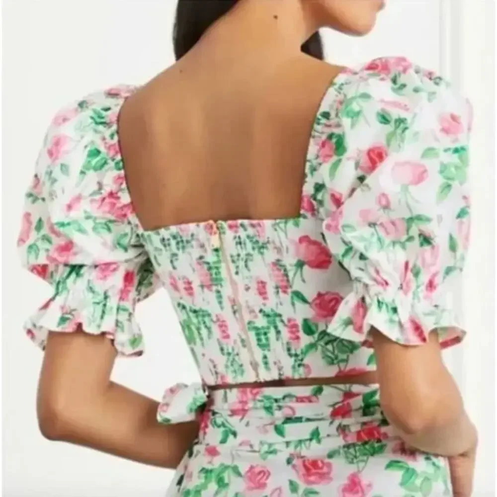 NWT Hill House Home‎ Puff Sleeve Floral Bow Crop Top in White/Pink